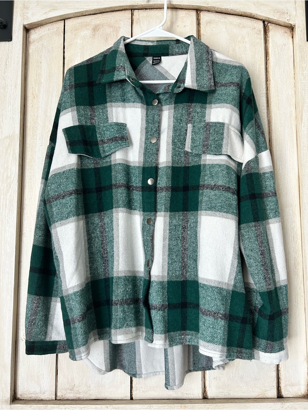 SHEIN Green and Gray Plaid Button-Up Shacket